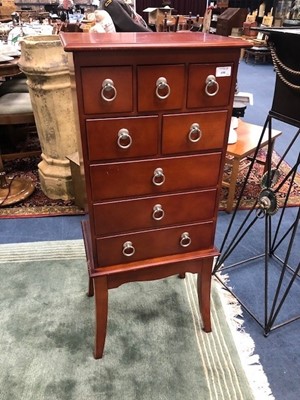 Lot 690 - A STAINED WOOD CHEST OF EIGHT DRAWERS AND A MAHOGANY CONSOLE TABLE