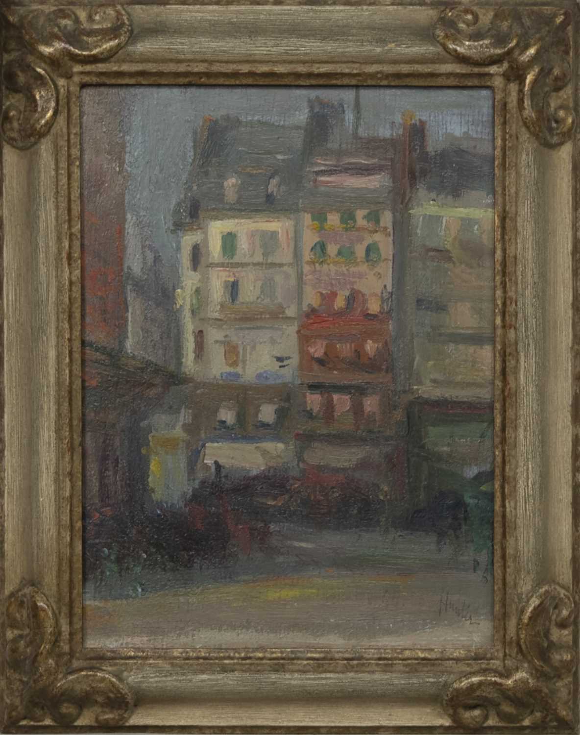 Lot 2002 - CORNER OF A SQUARE AT NIGHT, PARIS, AN OIL BY GEORGE LESLIE HUNTER