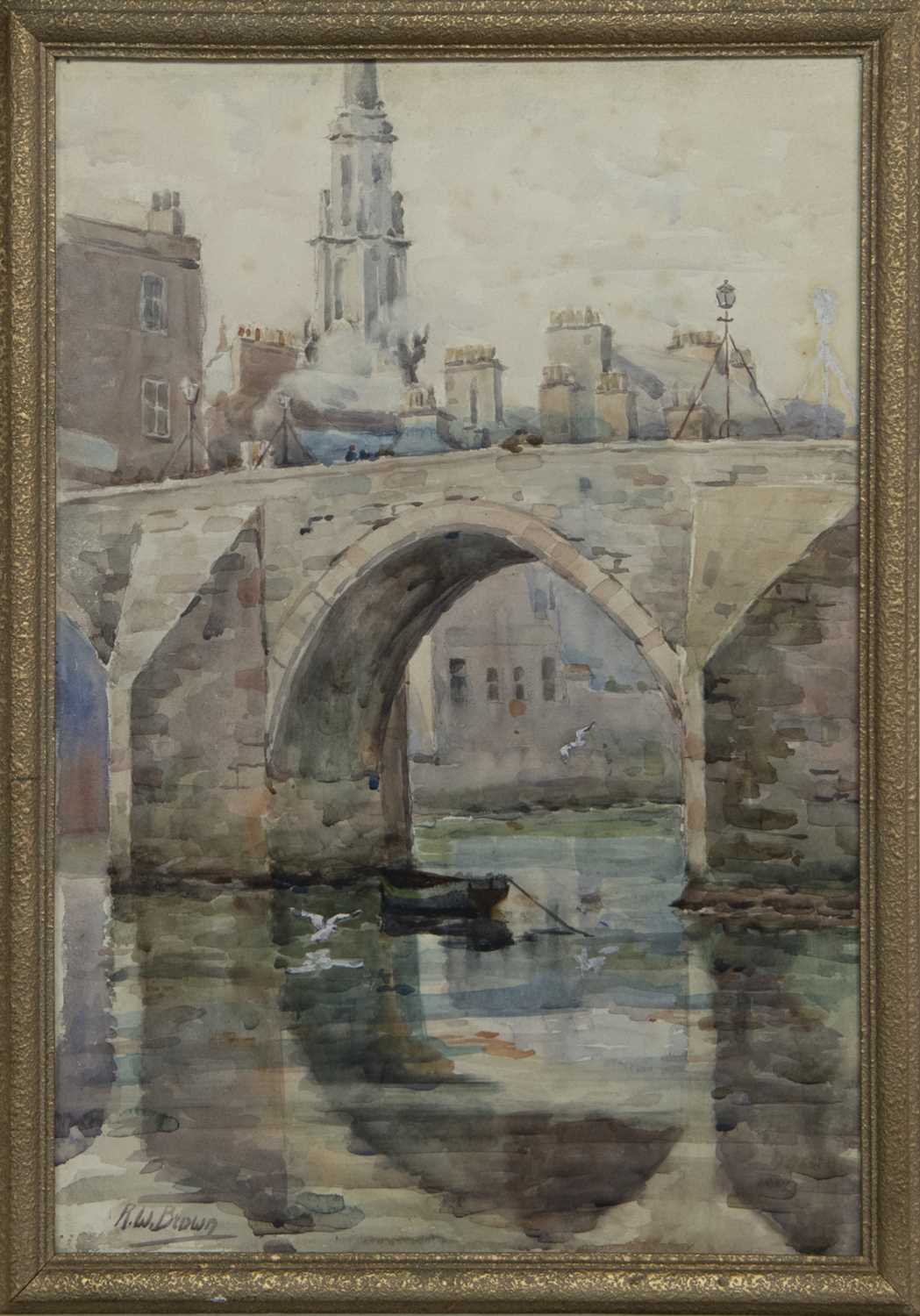 Lot 53 - AULD BRIG, AYR, A WATERCOLOUR BY ROBERT WILLIAM BROWN
