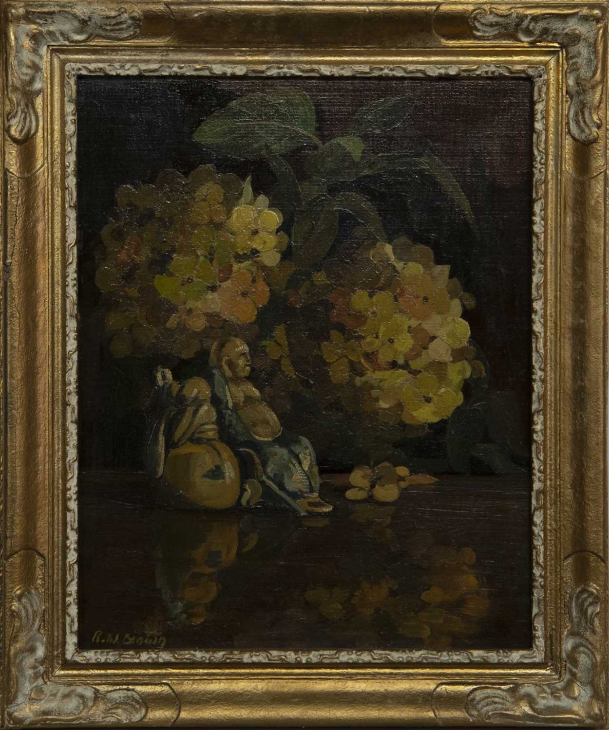 Lot 51 - STILL LIFE WITH FIGURINES, AN OIL BY ROBERT WILLIAM BROWN