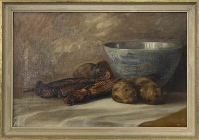 Lot 75 - STILL LIFE WITH FISH AND POTATOES, AN OIL BY E B STIRRAT