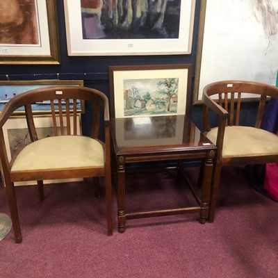 Lot 315A - A PAIR OF STAINED WOOD TUB CHAIRS AND A MAHOGANY OCCASIONAL TABLE