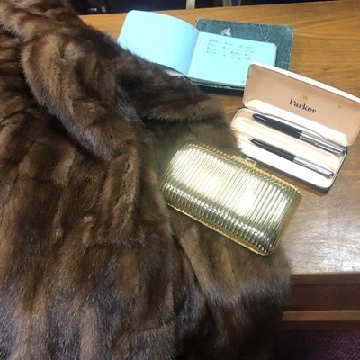 Lot 365A - A FUR COAT, TWO PARKER OENS, A HARRODS CLUTCH AND AUTOGRAOH BOOKS