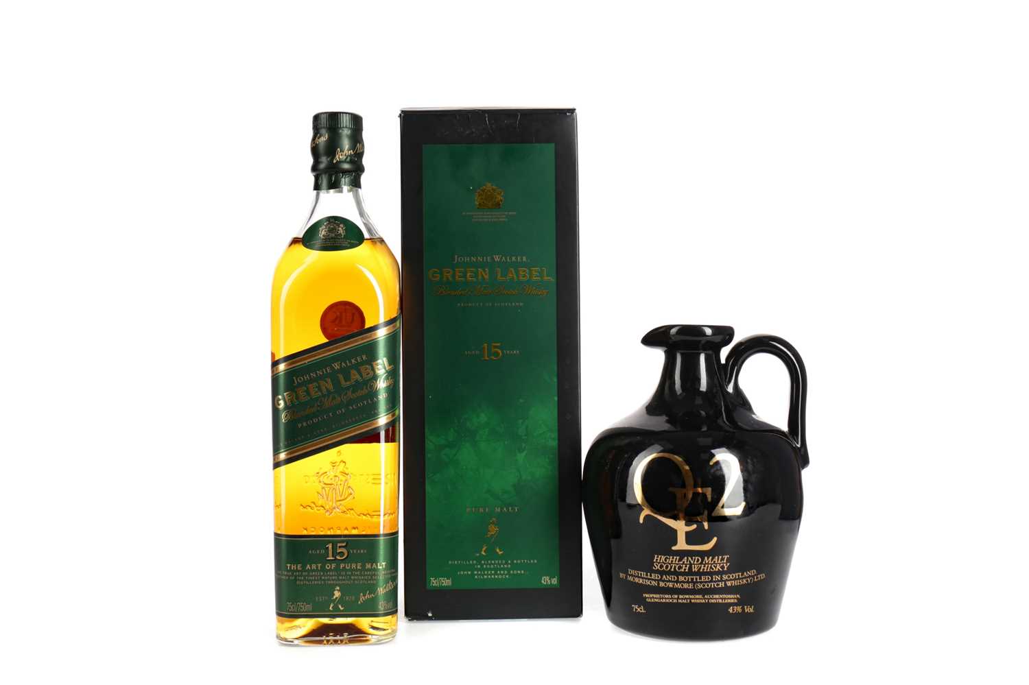 Lot 161 - JOHNNIE WALKER GREEN LABEL AGED 15 YEARS AND QE2 DECANTER