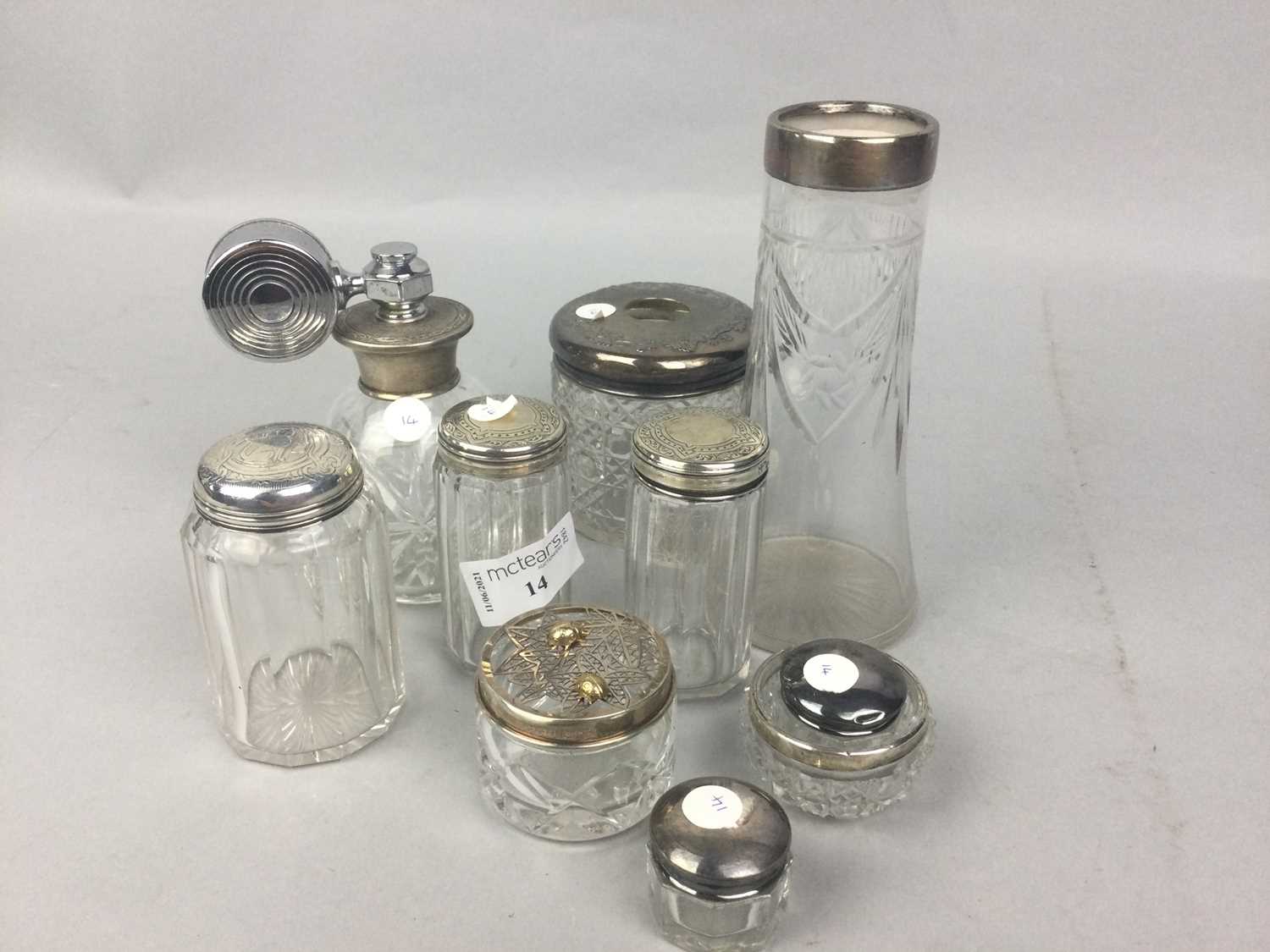 Lot 14 - A LOT OF SILVER TOPPED DRESSING TABLE ACCESSORIES