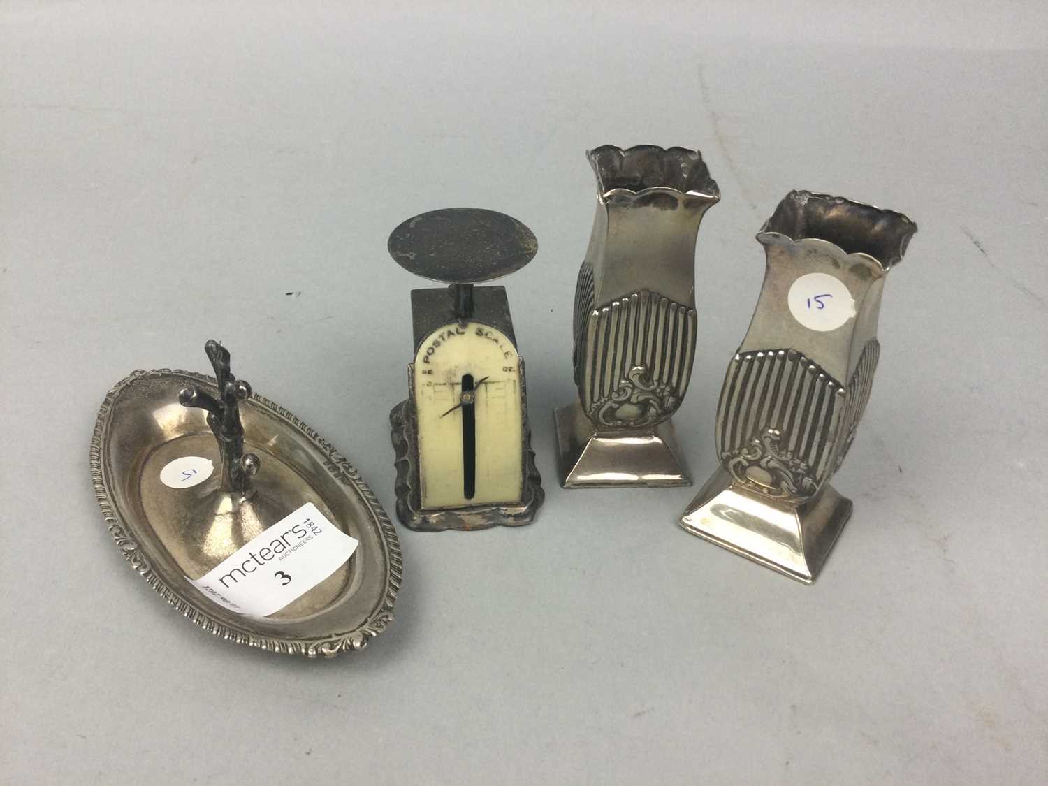 Lot 3 - A SET OF SILVER MINIATURE POSTAL SCALES AND OTHER ITEMS