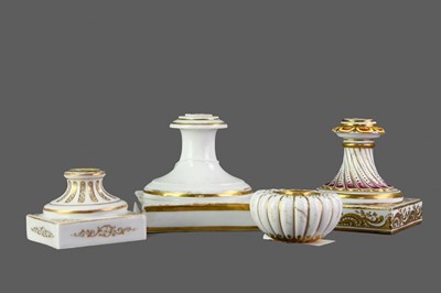 Lot 120 - A LATE 19TH CENTURY SEVRES PORCELAIN INKWELL, ALONG WITH THREE PEDESTALS