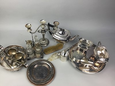 Lot 113 - A WALKER & HALL THREE PIECE SILVER PLATED TEA SERVICE AND TWO TRAYS