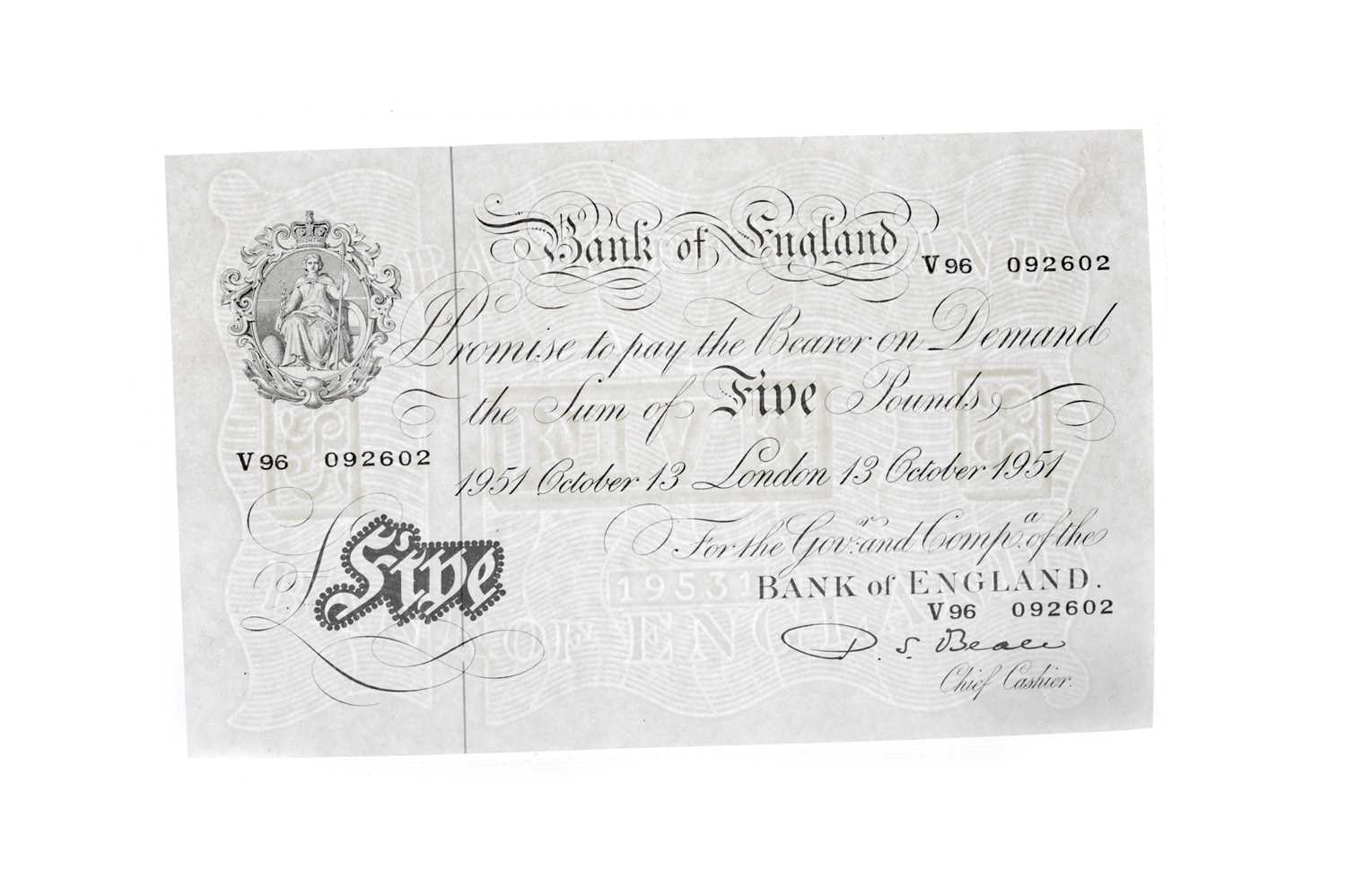 Lot 68 - A BANK OF ENGLAND FIVE POUND NOTE DATED 1951