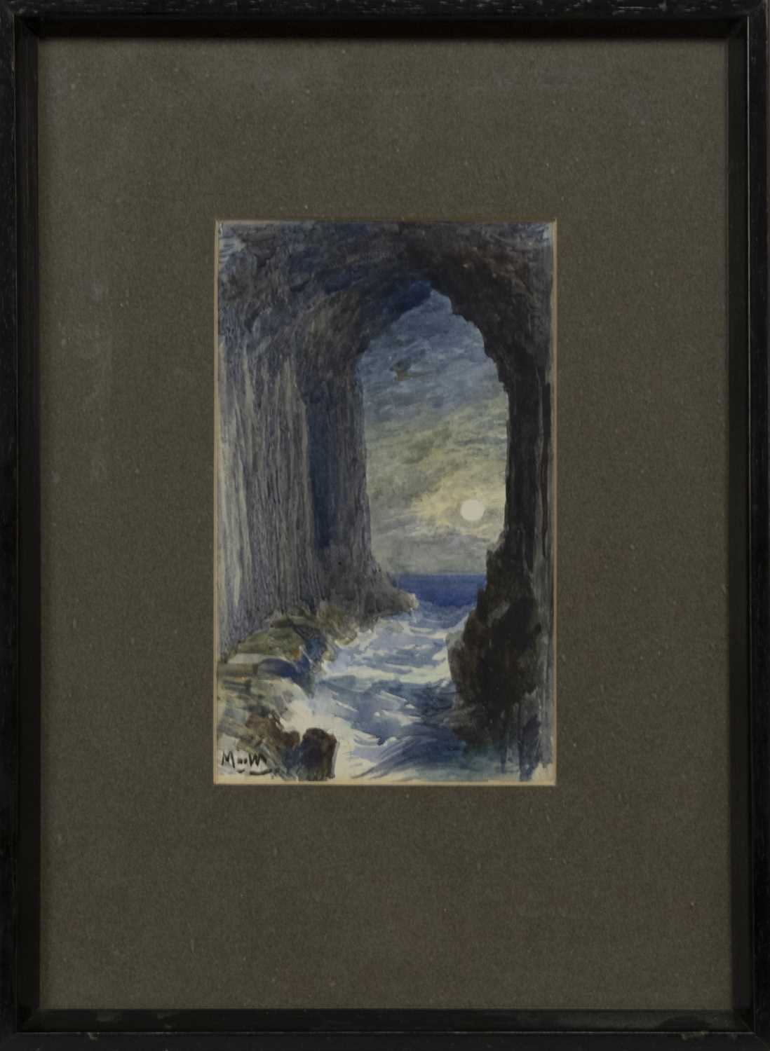 Lot 49 - FINGAL'S CAVE BY MOONLIGHT, A WATERCOLOUR BY JAMES MACWHIRTER