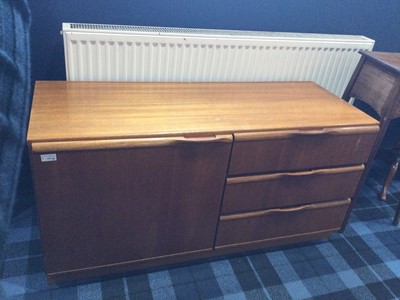 Lot 228 - A TEAK LOW CUPBOARD CHEST AND AN OAK SIDE TABLE