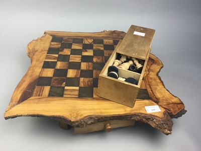 Lot 143 - A WOODEN GAMES BOARD WITH CHESS AND DRAUGHTS