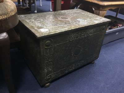Lot 257 - A BRASS EMBOSSED LOG BOX, COFFEE TABLE AND A DRESSING STOOL