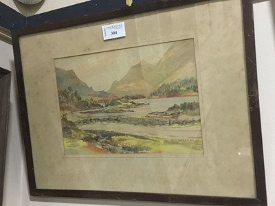 Lot 304 - A PAIR OF WATERCOLOUR LOCH SCENES AND OTHER PICTURES