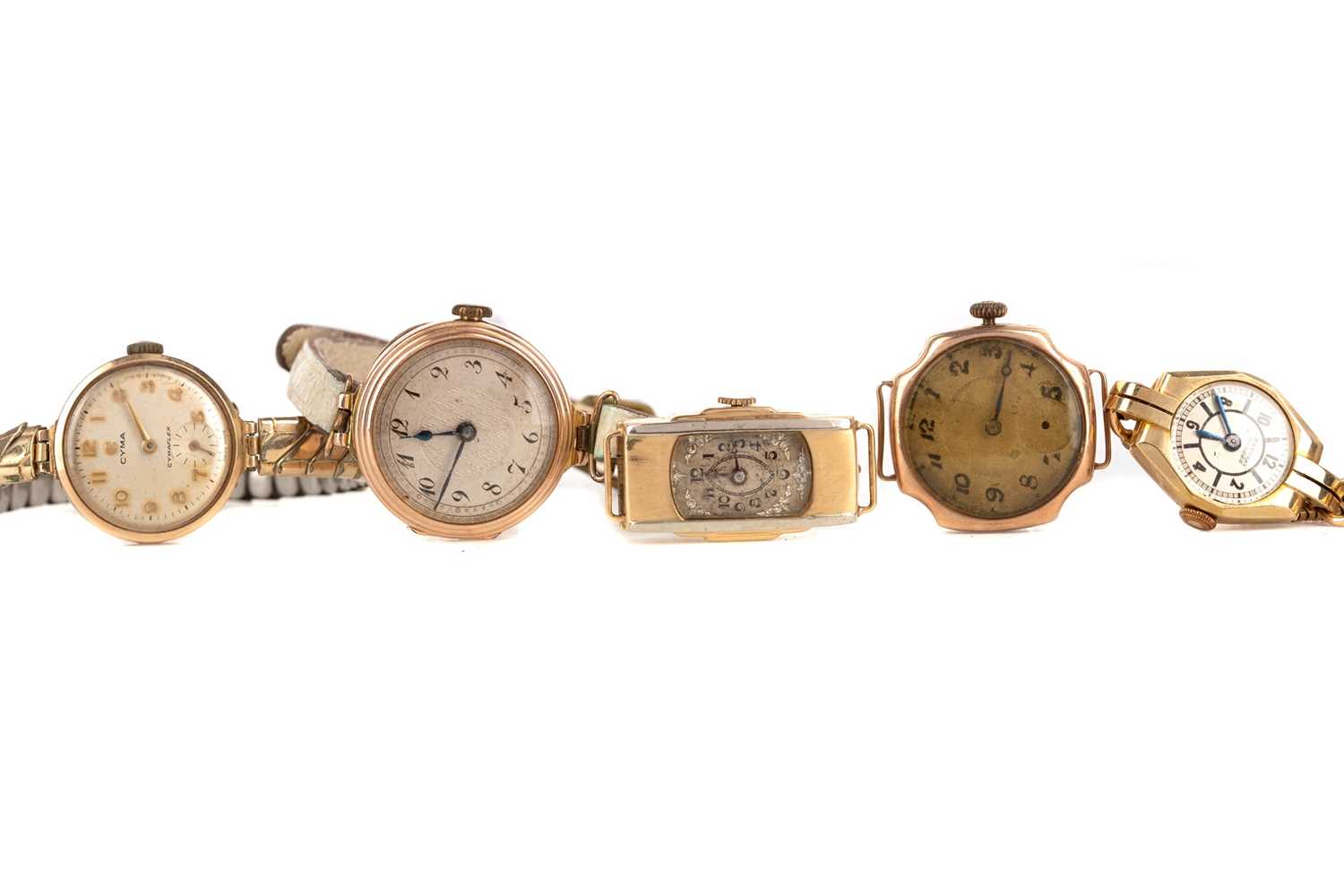 Lot 711 - FIVE GOLD CASED LADY'S MANUAL WIND WRIST WATCHES