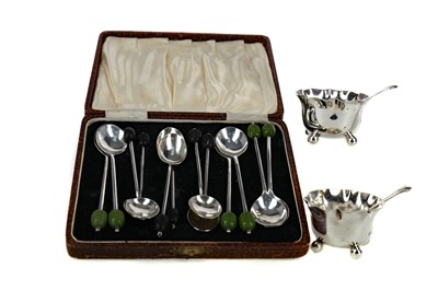 Lot 507 - A PAIR OF SALT CELLARS AND TWO SETS OF BEAN TOP COFFEE SPOONS
