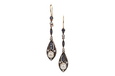 Lot 1391 - A PAIR OF SAPPHIRE, PEARL AND DIAMOND EARRINGS