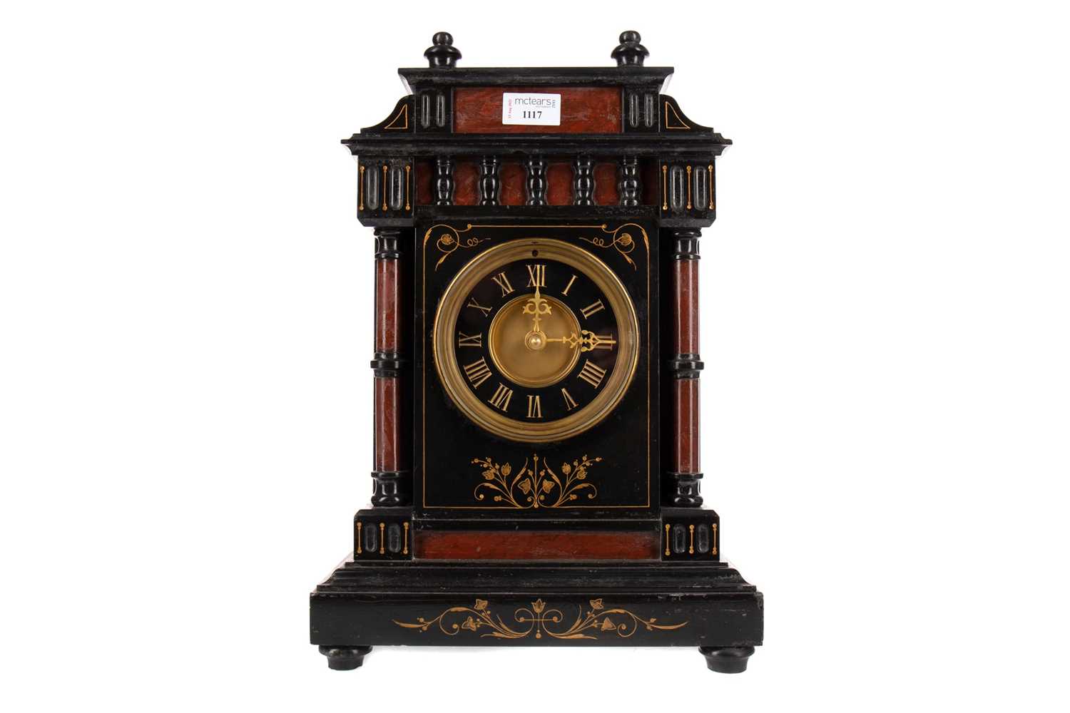 Lot 1117 - AN UNUSUAL VICTORIAN BLACK SLATE AND ROUGE MARBLE MANTEL CLOCK