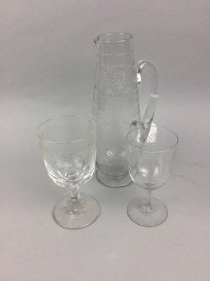 Lot 343 - A VICTORIAN GLASS WINE JUG AND OTHER GLASSES