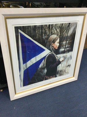 Lot 350 - GIRL WITH SALTIRE,  A COLOUR PRINT AFTER GERARD BURNS