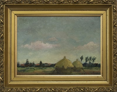 Lot 55 - LANDSCAPE WITH HAYSTACKS, AN OIL