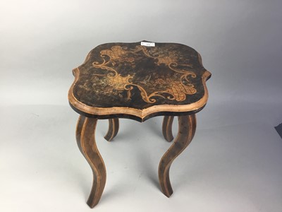 Lot 351 - AN EARLY 20TH CENTURY POKERWORK STOOL, ALONG WITH A FIRESCREEN