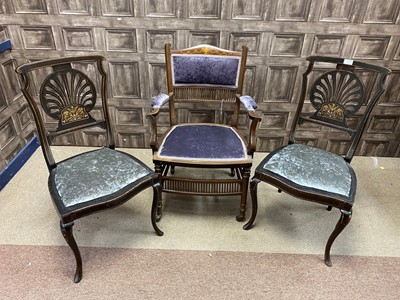 Lot 485 - AN EDWARDIAN INLAID ELBOW CHAIR AND A PAIR OF INLAID SIDE CHAIRS