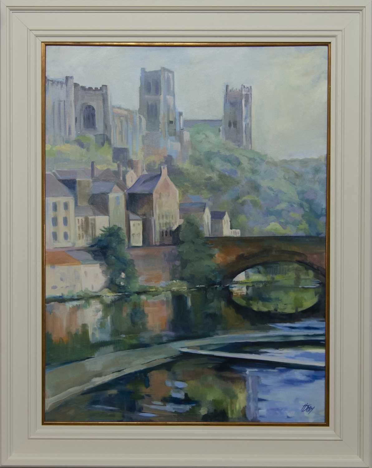 Lot 524 - DURHAM CATHEDRAL AND CASTLE FROM FRAMWELLGATE BRIDGE, AN OIL BY HELEN MCDONALD MATHIE