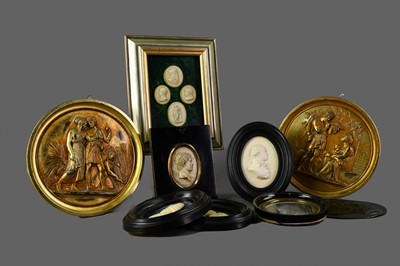 Lot 162 - A COLLECTION OF THREE RESIN PORTRAIT MEDALLIONS AFTER JAMES TASSIE, ALONG WITH SIX OTHER PICTURES
