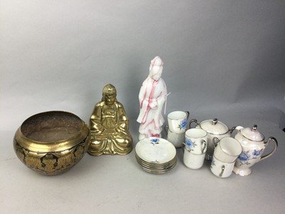 Lot 399 - A JAPANESE EGG SHELL TEA SERVICE, A BRASS BUDDHA, A BRASS BOWL, A GLASS DEITY AND A GLASS BOWL