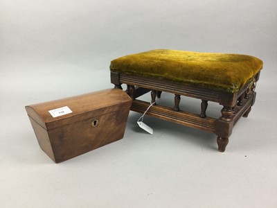 Lot 538 - A SMALL FOOTSTOOL AND A MAHOGANY TEA CADDY