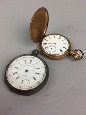 Lot 585 - A SILVER POCKET WATCH AND A GOLD PLATED POCKET WATCH