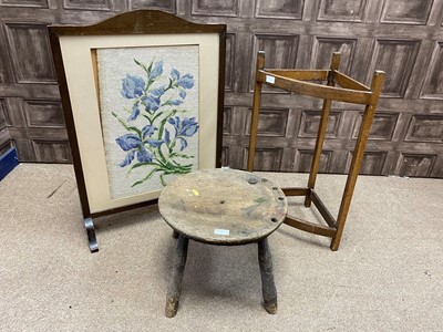 Lot 364 - AN OAK TAPESTRY FIRE SCREEN, OAK STICK STAND AND A MILKING STOOL