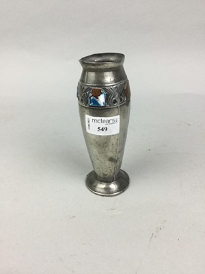 Lot 549 - A TUTRIC PEWTER VASE WITH ENAMEL DECORATION