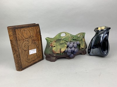 Lot 609 - A CERAMIC PLANTER, GLASS VASE AND POKERWORK BOX