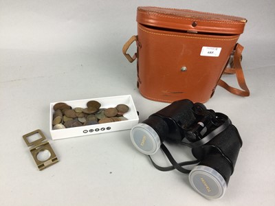 Lot 685 - A COLLECTION OF PRE DECIMAL COINS, AN EYE GLASS AND A PAIR OF BINOCULARS