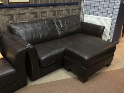 Lot 631 - A BROWN LEATHER THREE SEATER SETTEE, A TWO SEATER AND A POUFFE