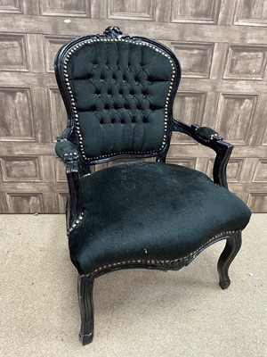 Lot 639 - A BLACK PAINTED ARMCHAIR OF FRENCH DESIGN