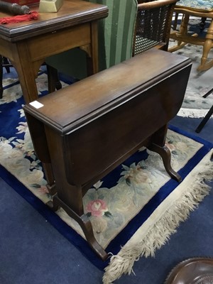 Lot 650 - A MAHOGANY DROP LEAF TABLE AND AN INLAID MAHOGANY TURNOVER CARD TABLE