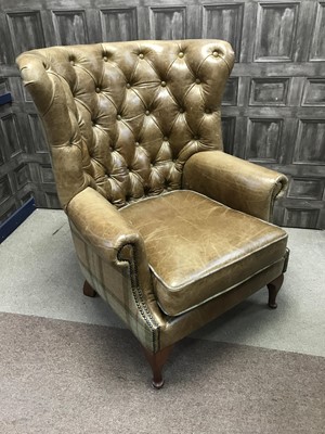 Lot 458 - A PAIR OF BROWN LEATHER WINGBACK ARMCHAIRS