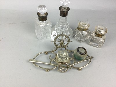 Lot 544 - A LOT OF TWO SILVER MOUNTED CUT GLASS DECANTERS, INKWELLS AND MATCH STRIKER