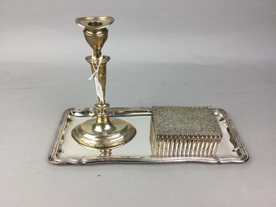 Lot 556 - A SILVER TABLE CANDLESTICK, CASKET AND TRAY