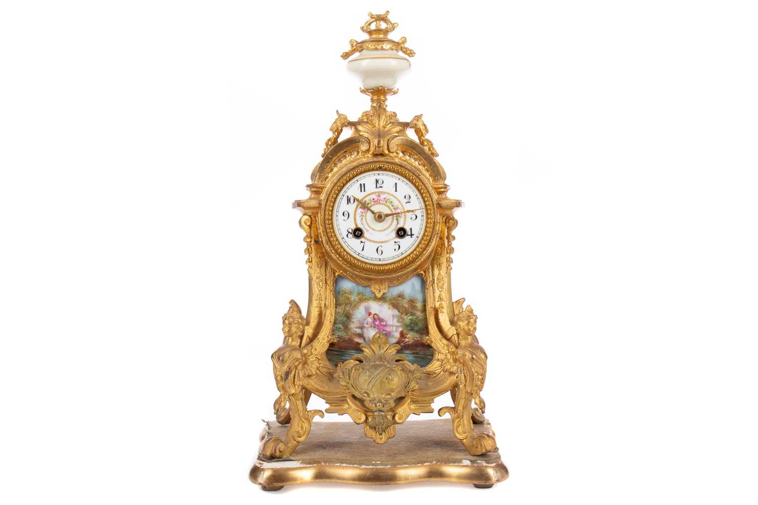 Lot 1118 - A LATE 19TH CENTURY FRENCH GILTMETAL AND PORCELAIN MANTEL CLOCK