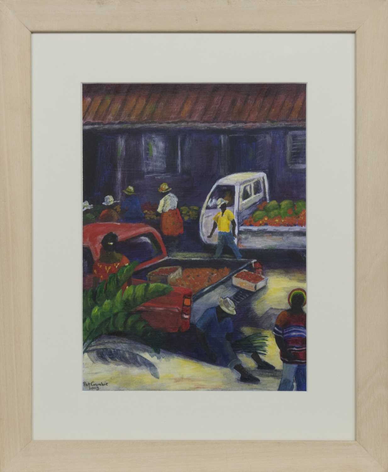 Lot 555 - MARKET DAY, ST JOHNS, AN OIL BY PAT CROMBIE