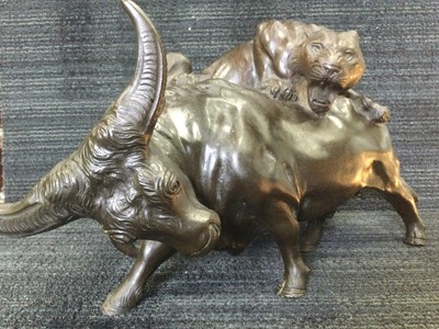 Lot 977 - A JAPANESE BRONZE GROUP OF A TIGER ATTACKING A WATER BUFFALO