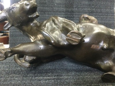 Lot 977 - A JAPANESE BRONZE GROUP OF A TIGER ATTACKING A WATER BUFFALO