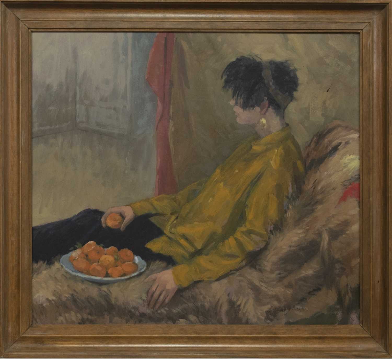 Lot 552 - GIRL AND SATSUMAS, AN OIL BY ANTHONY BAYNES