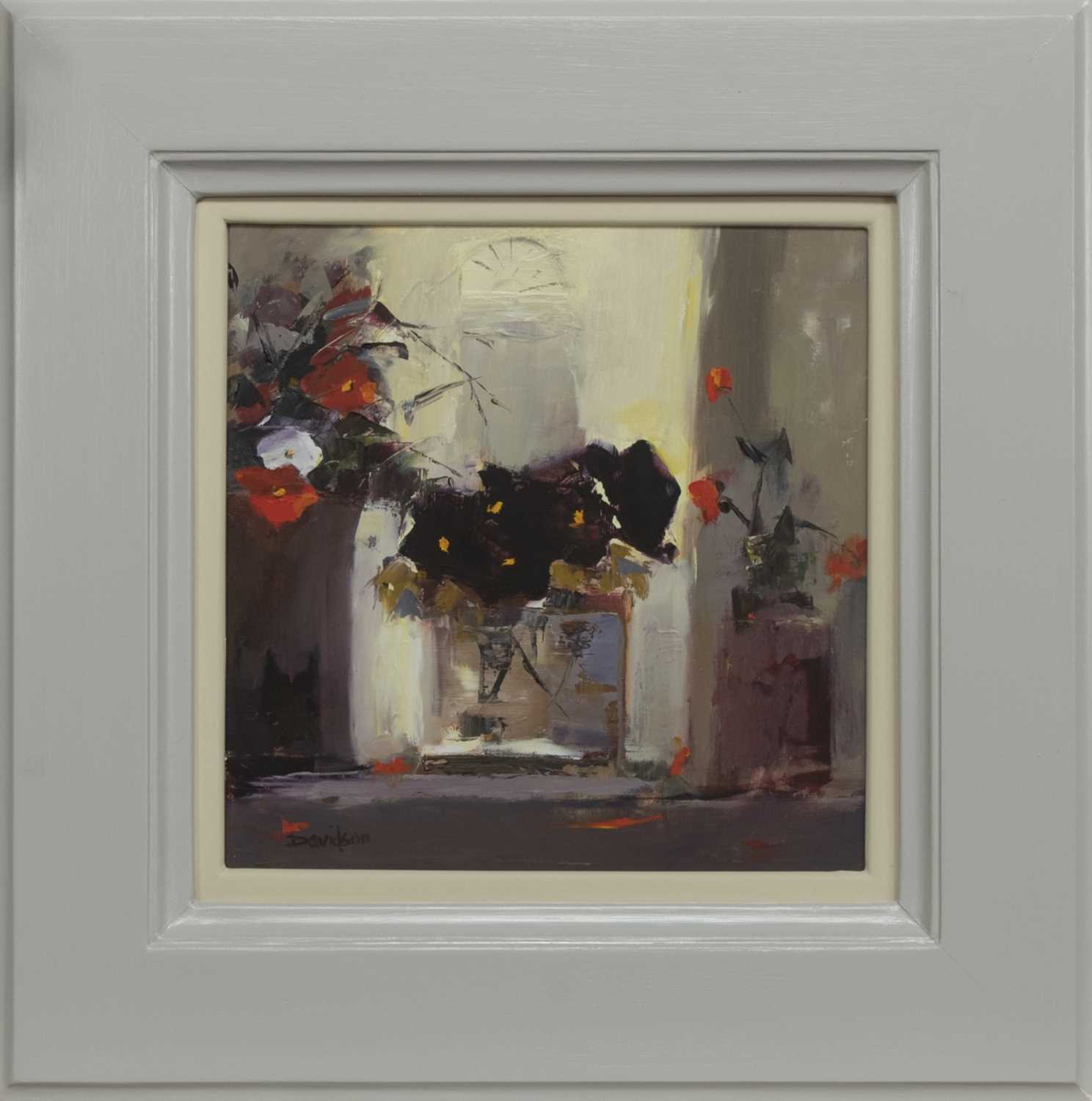Lot 530 - PANSIES WITH GLASS VASE, AN OIL BY MARY DAVIDSON
