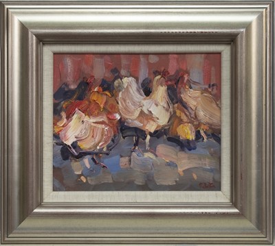 Lot 534 - HENS IN THE YARD, AN OIL BY JAMES FULLARTON