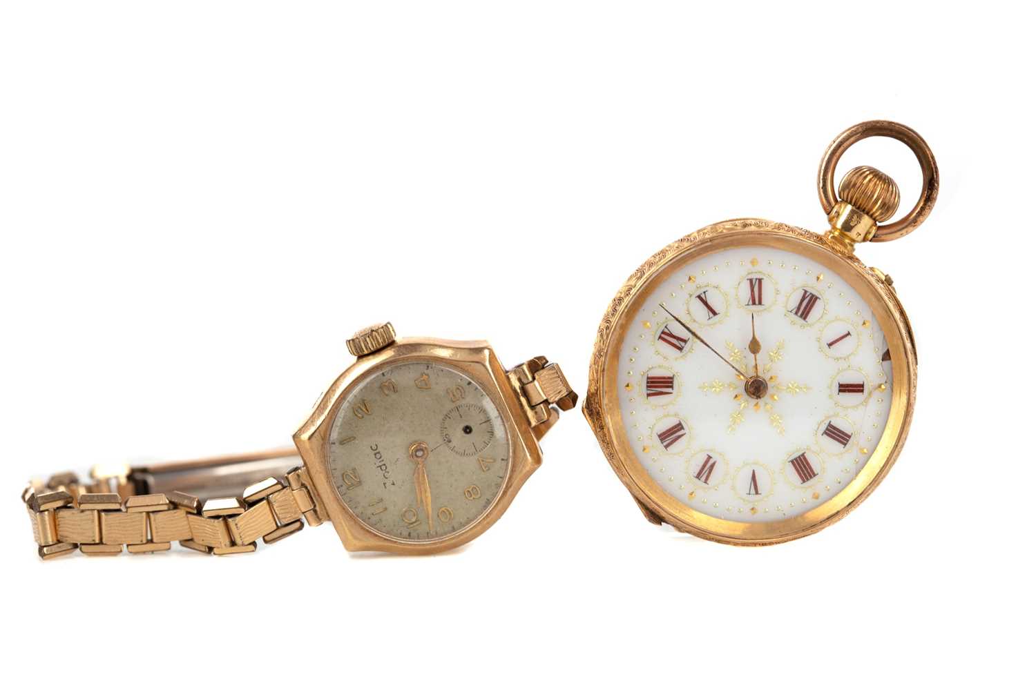 Lot 725 - A LADY'S EIGHTEEN CARAT GOLD CASED FOB WATCH AND A GOLD CASED ZODIAC WRIST WATCH